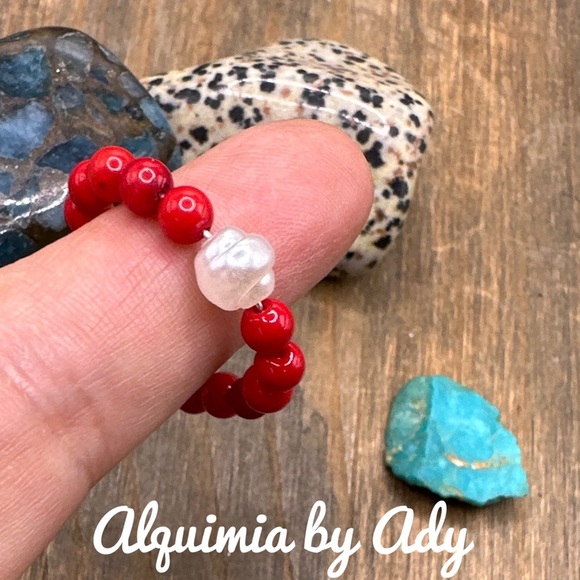Pearl coral bohemian ring beaded handmade - Picture 2 of 3